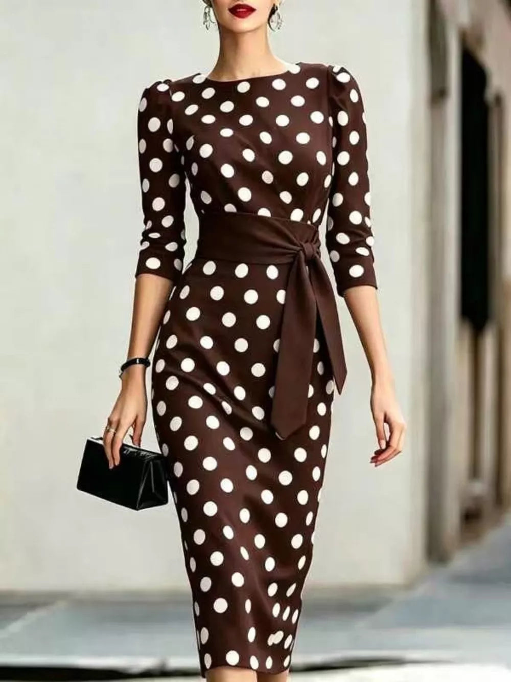 Full Size Polka Dot 3/4 Sleeve Midi Dress, fit detail