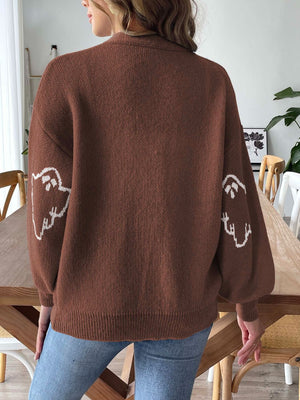 Brown balloon sleeve cardigan with white ghost motif on sleeves