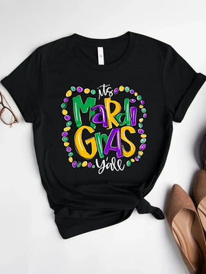 Black graphic t-shirt with Mardi Gras beads and text design.