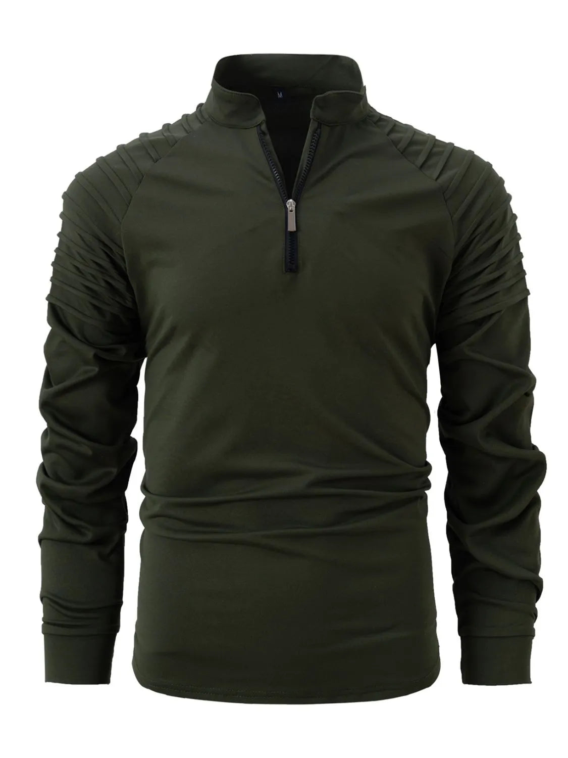 Army green pullover with pleated shoulder detail and zip-neck