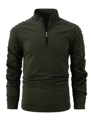 Army green pullover with pleated shoulder detail and zip-neck