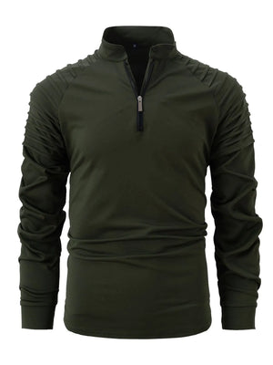 Army green pullover with pleated shoulder detail and zip-neck