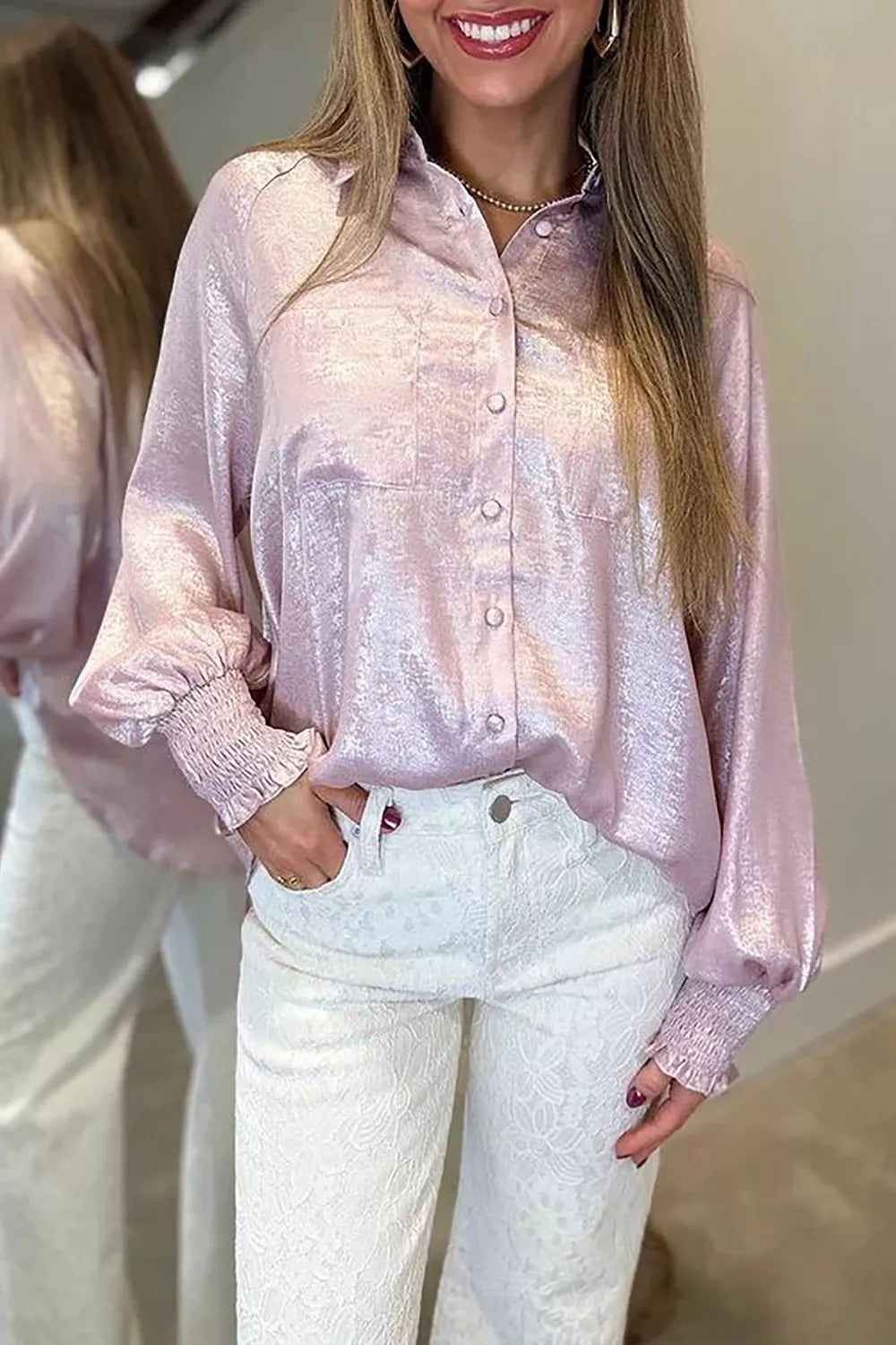 Long Sleeve Button Front Ruffle Cuffs Shirt, close-up detail