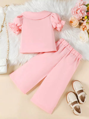 Pink toddler set with ruffle sleeve top and wide leg pants