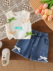 Children's Bow Tank And Denim Shorts Set in Blue, front view