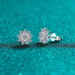 Crystal cluster snowflake stud earrings in silver with sparkling stones.