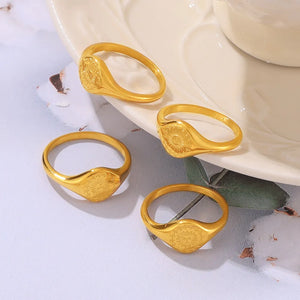Gold sunburst signet rings set, 18K gold, boho style jewelry
