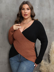 Colorblock crossover knit sweater in caramel and black acrylic with a deep V-neck.