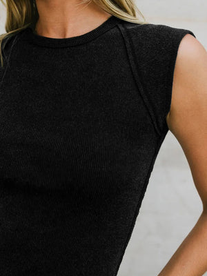 Black ribbed tank top with seamed shoulders and crew neck.