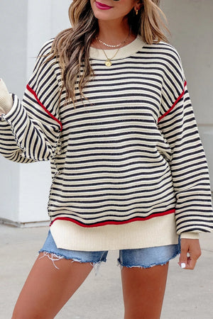 Stripe Ribbed Trim Drop Shoulder Oversized Sweater in Stripe, front view