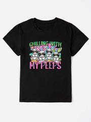 Black graphic t-shirt with cartoon bunnies wearing sunglasses and "MY PEEPS" text.