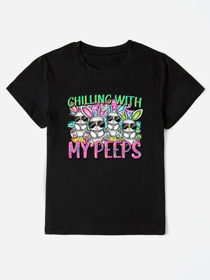 Black graphic t-shirt with cartoon bunnies wearing sunglasses and "MY PEEPS" text.