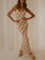Camel and cream checkered knit maxi slip dress with scoop neck and thin straps.