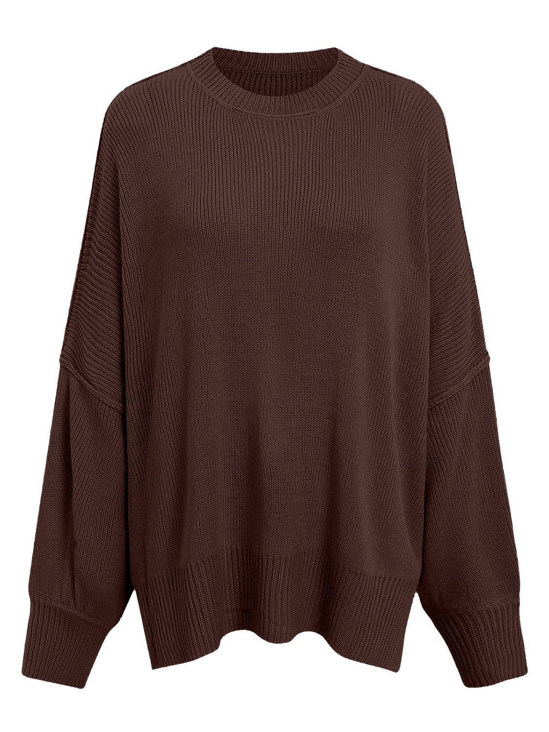 Oversized ribbed knit sweater in chocolate with drop shoulders and crew neck.
