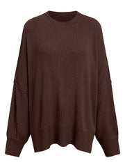 Oversized ribbed knit sweater in chocolate with drop shoulders and crew neck.