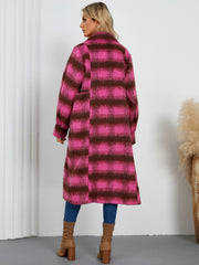 Checked plaid cocoon coat in hot pink and brown, featuring a relaxed oversized fit and side pockets.