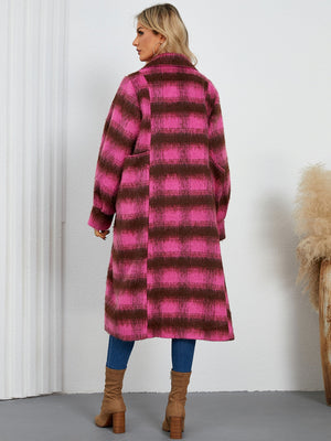 Checked plaid cocoon coat in hot pink and brown, featuring a relaxed oversized fit and side pockets.