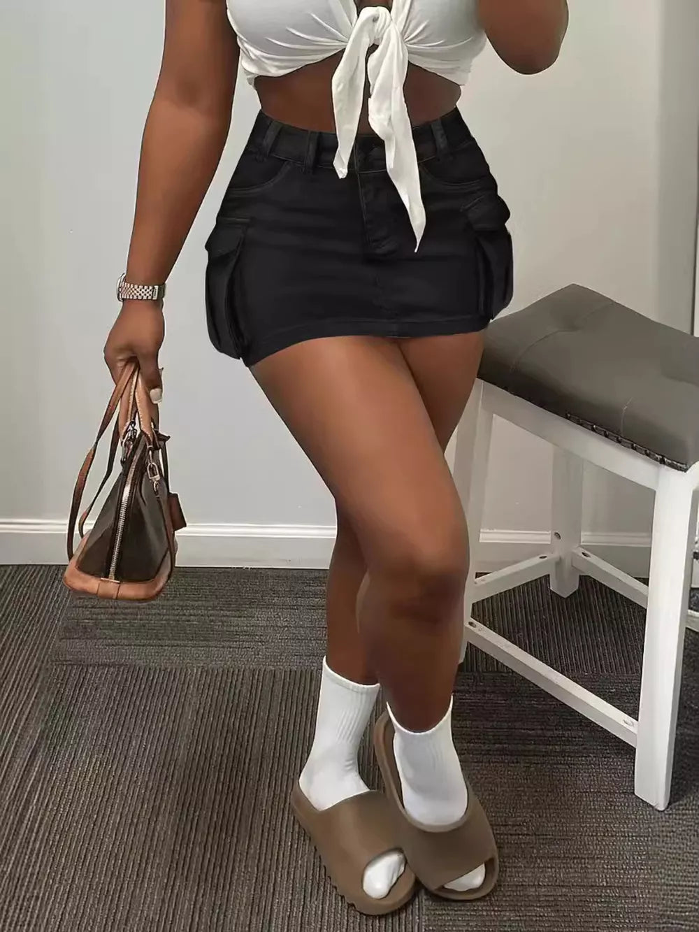 Cargo Pocket Mini Skirt in Khaki, model styling view