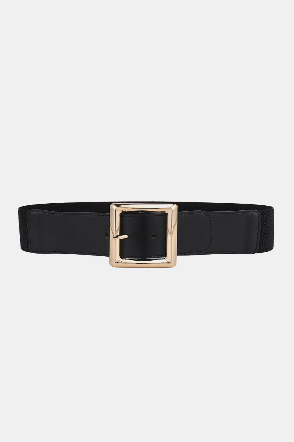 Black elastic belt with a large gold square buckle