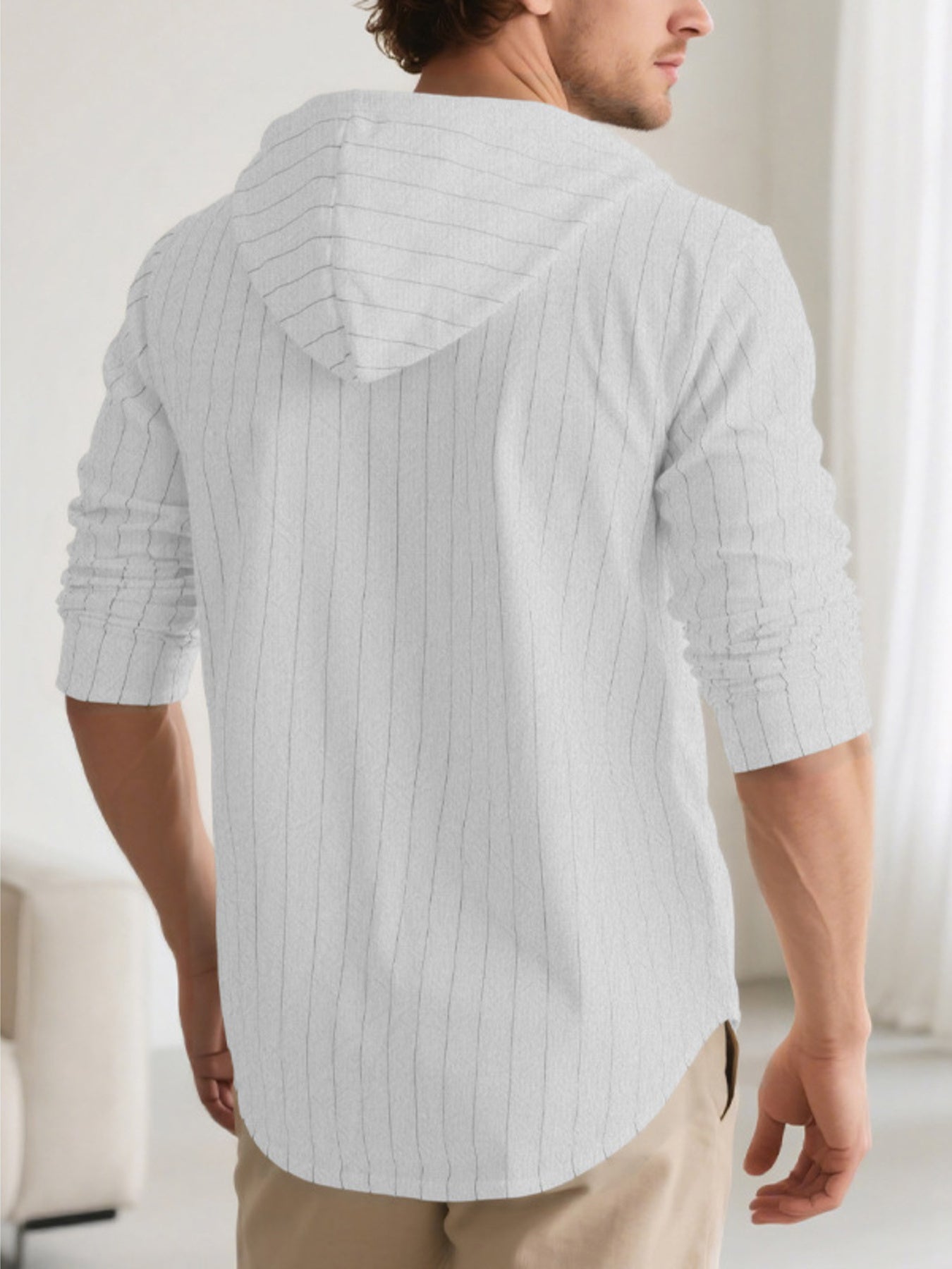 White pinstripe hooded button-up shirt for men, cotton blend, long sleeve.