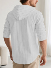 White pinstripe hooded button-up shirt for men, cotton blend, long sleeve.