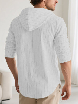 White pinstripe hooded button-up shirt for men, cotton blend, long sleeve.