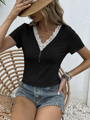 Black lace trim button-down tee with short sleeves and a V-neck.
