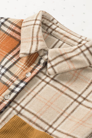 Patchwork plaid knit shacket in sherbet with button details and a collared neckline.