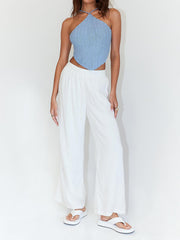 Light blue crochet halterneck triangle top with a backless design