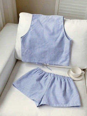 Blue striped tie-front vest and elastic waist shorts set