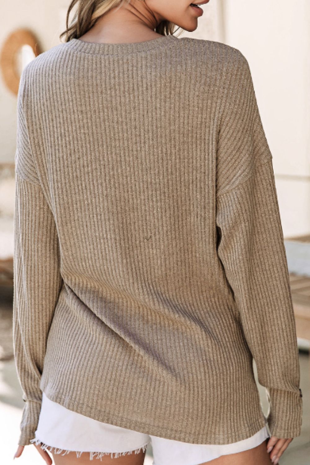Khaki ribbed henley relaxed knit top with button detail