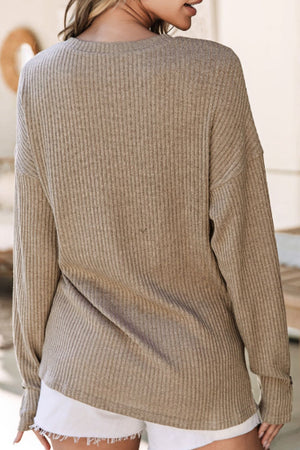 Khaki ribbed henley relaxed knit top with button detail