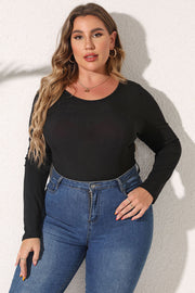 Black ribbed scoop neck long sleeve bodysuit styled with blue jeans