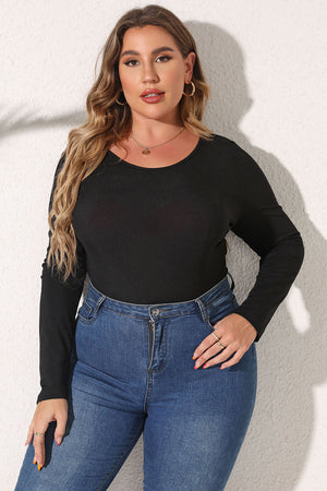 Black ribbed scoop neck long sleeve bodysuit styled with blue jeans