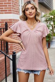 Watermelon pink eyelet flutter sleeve top with V-neck and ruched detail.