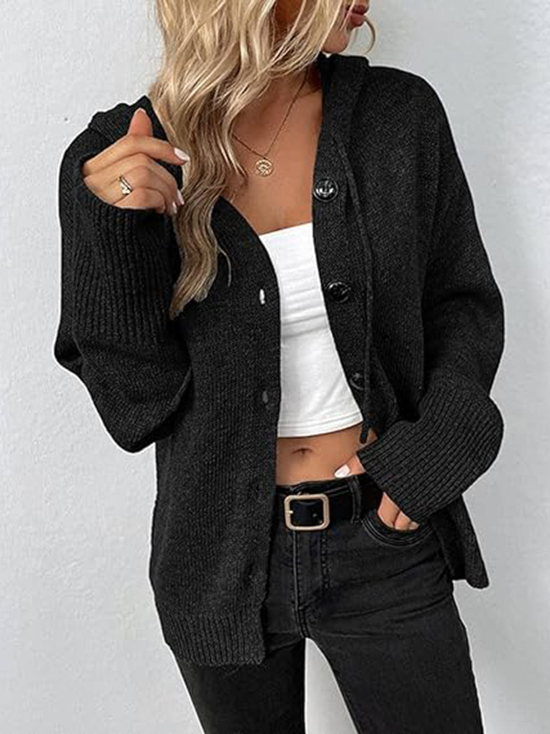 Black ribbed knit hooded cardigan with button front and cuffed sleeves