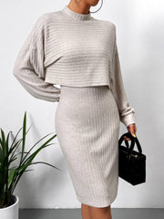 Dust Storm ribbed knit co-ord outfit set with cropped sweater and midi dress.