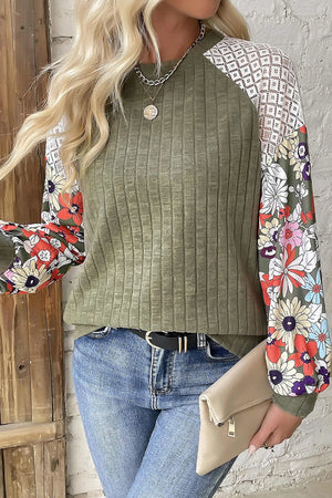 Moss green ribbed top with floral print and lace sleeves