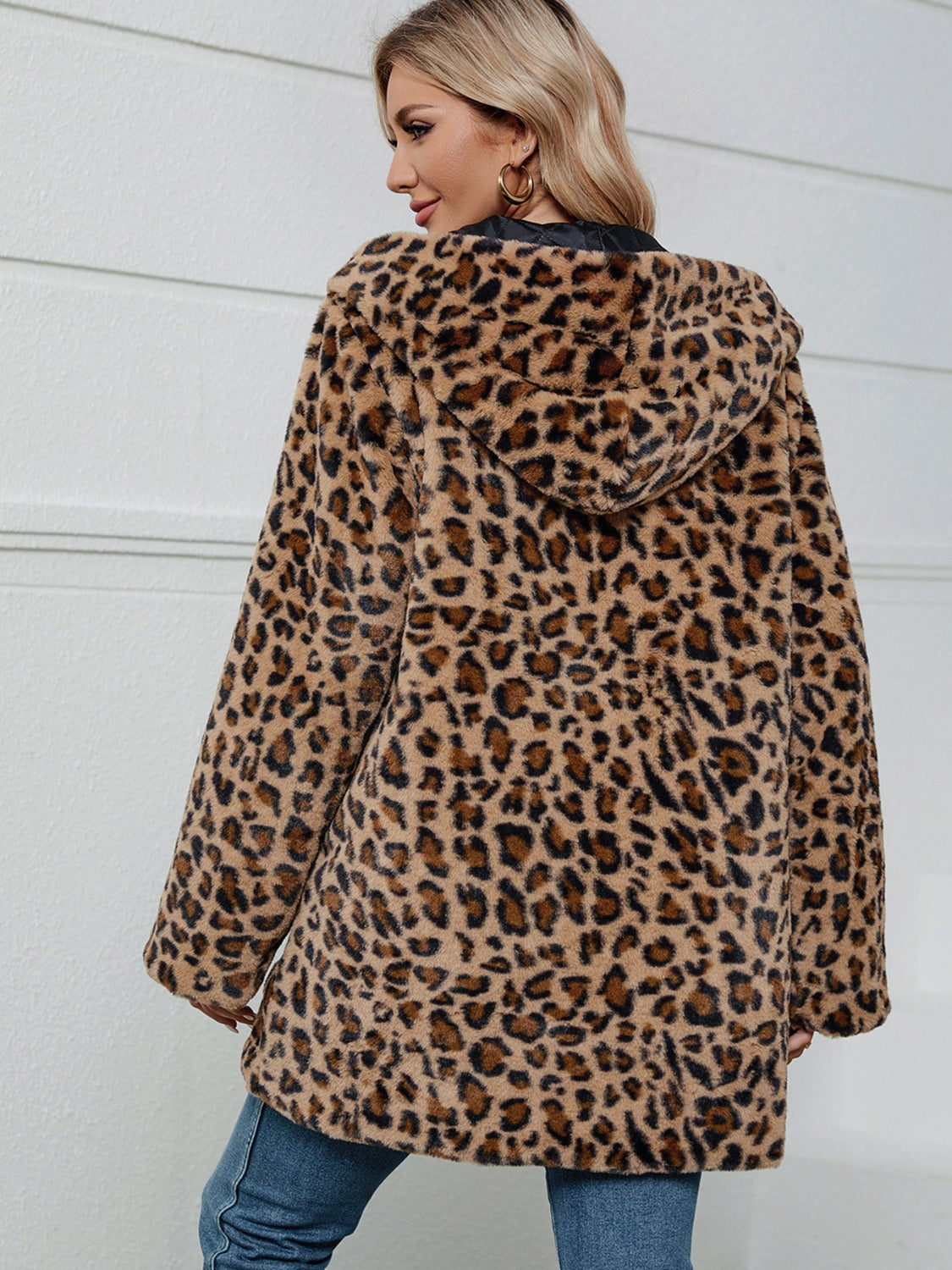 Leopard print faux fur cocoon coat with hood, acrylic material, casual style.