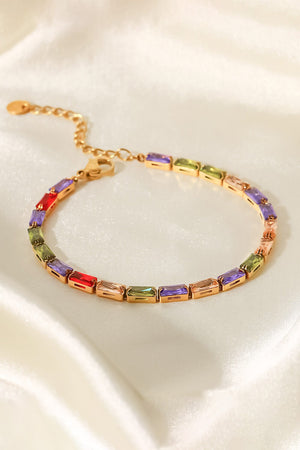 Gold chain bracelet with multi-colored baguette-cut cubic zirconia stones