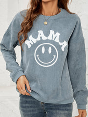Corduroy sweatshirt in French Blue with white "Mama" smiley graphic, crewneck, long sleeves.
