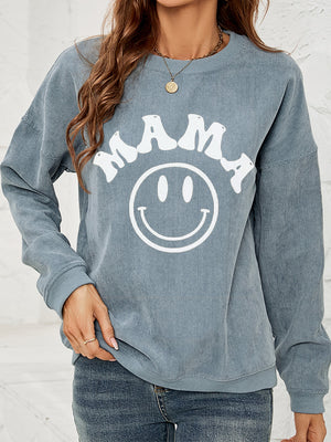 Corduroy sweatshirt in French Blue with white "Mama" smiley graphic, crewneck, long sleeves.