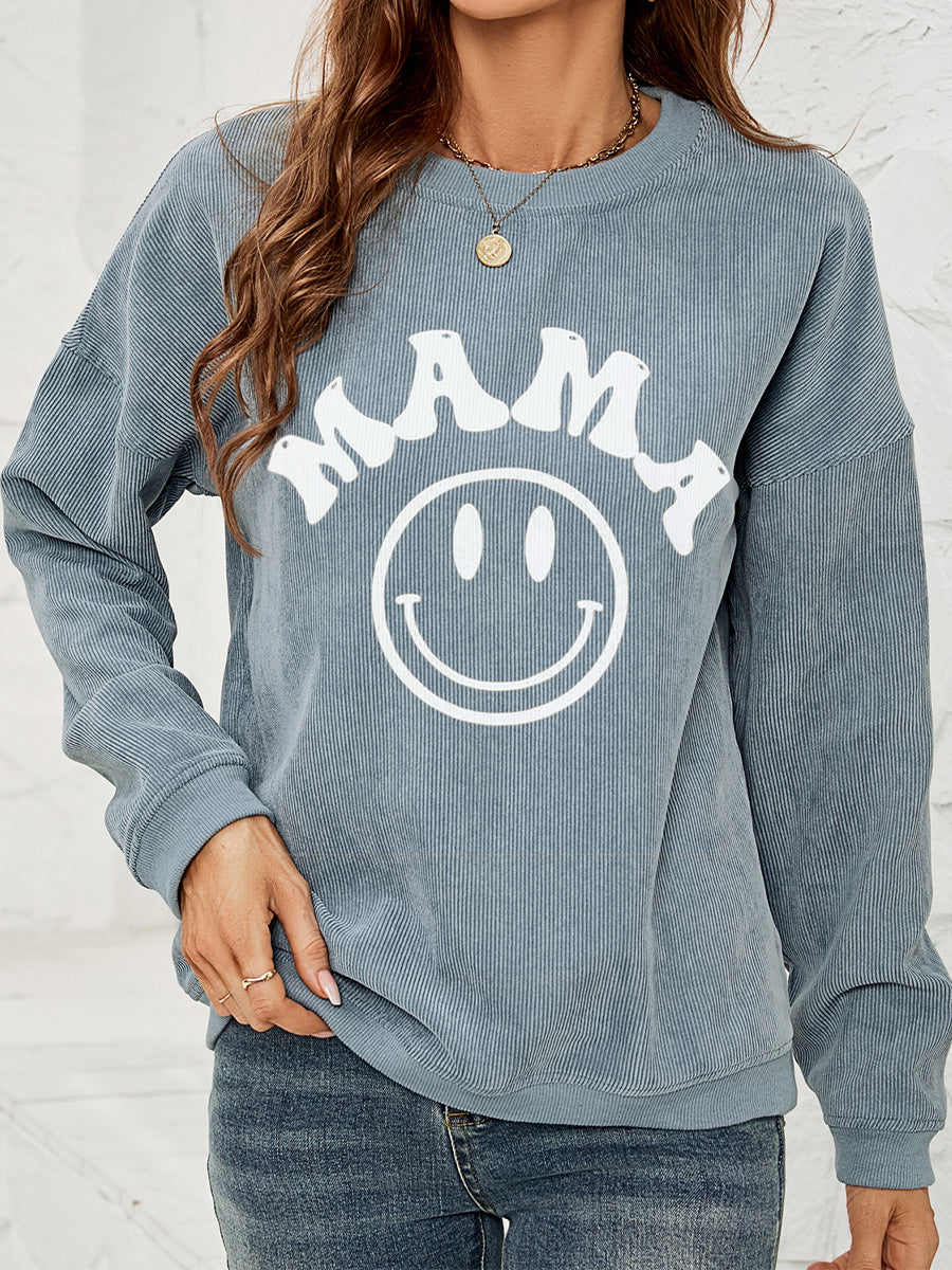 Corduroy sweatshirt in French Blue with white "Mama" smiley graphic, crewneck, long sleeves.