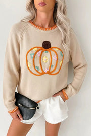 Floral Embroidery Pumpkin Long Sleeve Sweater, front view