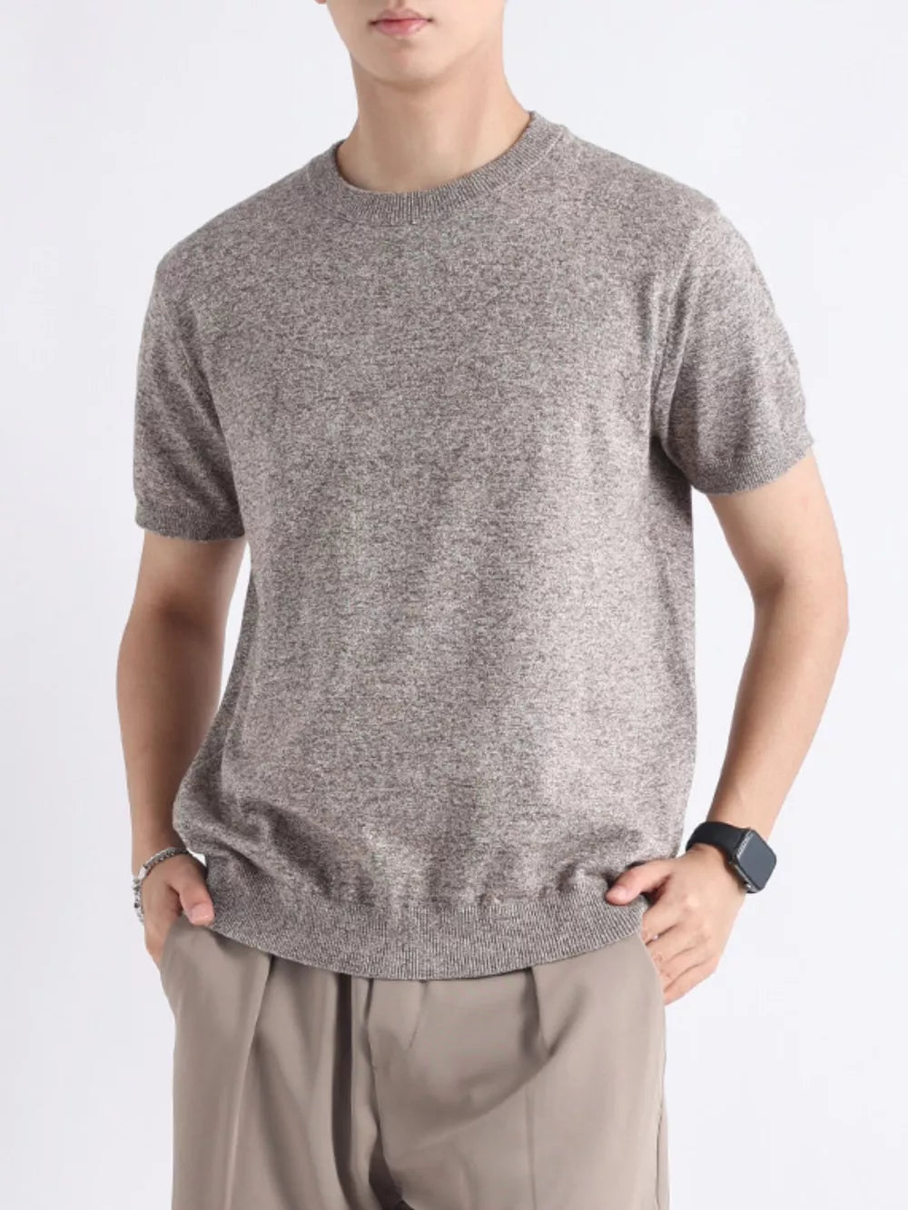 Men's short sleeve knit t-shirt in Flower Charcoal Gray with a crew neck.