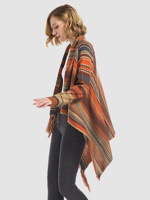 Asymmetric fringe stripe cardigan in ochre with an open front and waterfall hem.