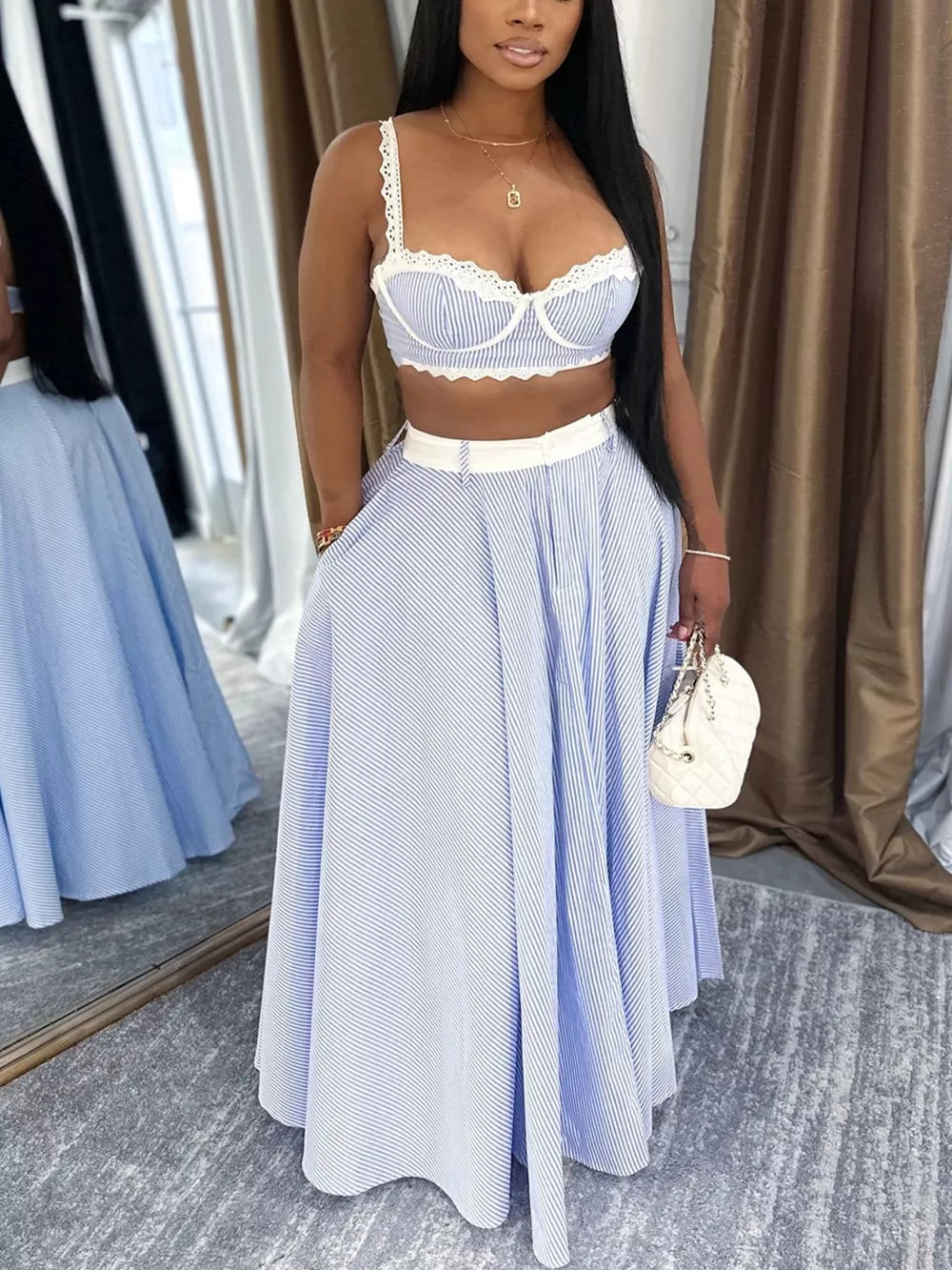 Lace-trimmed blue striped cami and maxi skirt set with a-line skirt