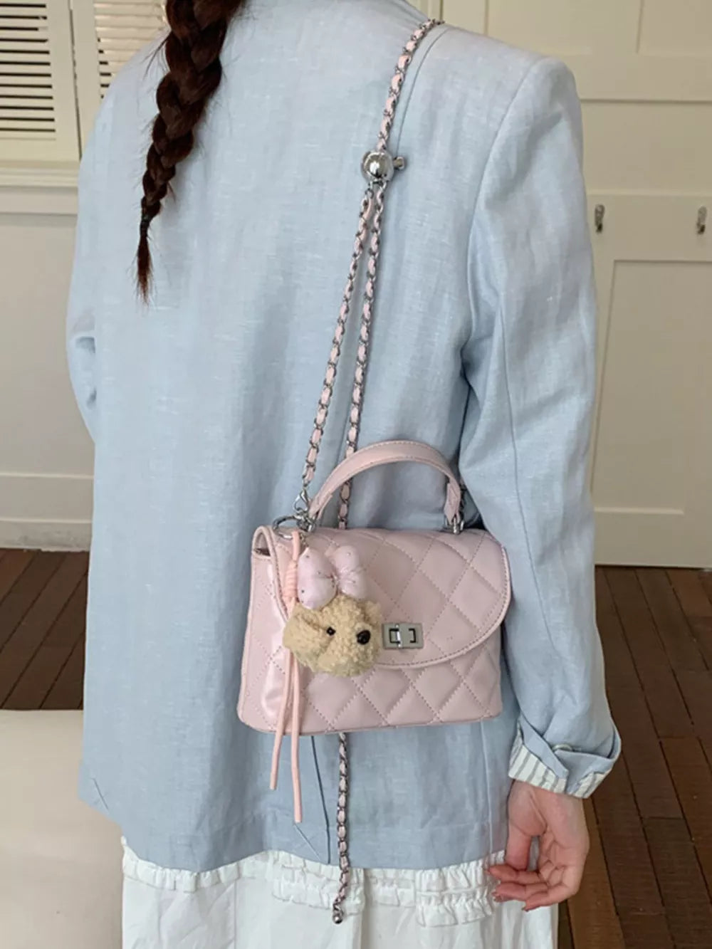 Quilted Chain Strap Crossbody Bag in Pink, back view