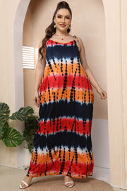 Multicolor tie-dye maxi dress with adjustable tie straps and a relaxed fit.