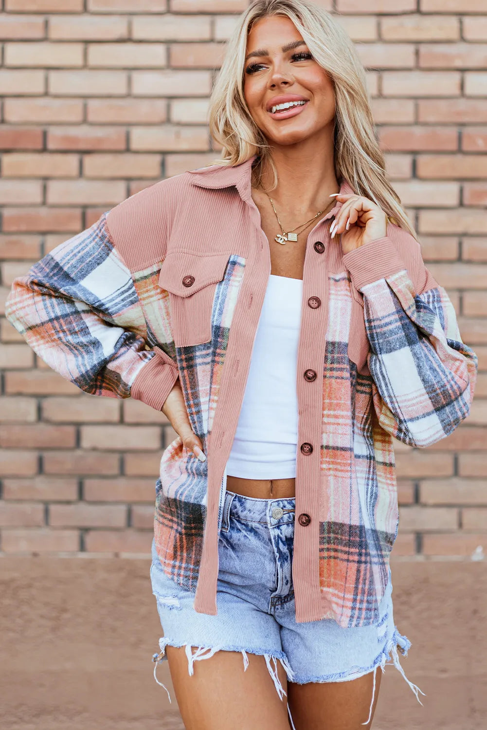 Colorblock plaid shacket in pale blush with corduroy details and button front.